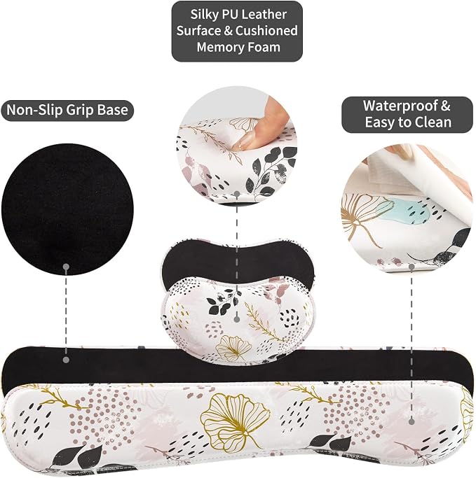 QIYI Leather Desk Mat Set, 4-in-1 Large Mouse Pad with Ergonomic Wrist Rest, Waterproof Desk Pad + Keyboard Wrist Rest + Mouse Wrist Support+Coaster, Non-Slip Office Gaming Accessories, Botanical Leaf