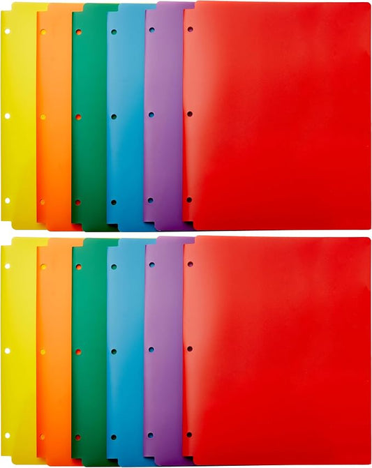 Amazon Basics Plastic 3 Hole Punch Folders with 2 Pockets for Documents, Letter Size 8.5 x 11 inches, School Supplies, Assorted Colors, Pack of 12