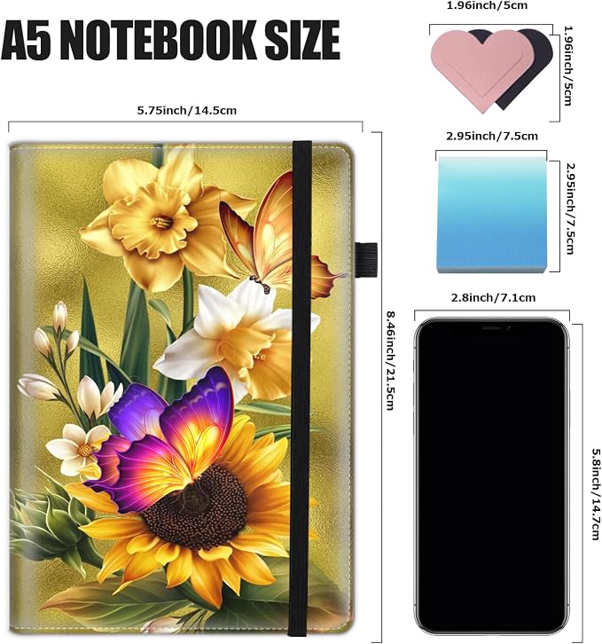 Hardcover Executive Notebooks, A5 PU Leather Lined Journal Notebook, 200 Pages Thick Paper Subject Notebooks for School,Work,Home Writing Business Notebook, Diary Book ，Sunflower Butterfly