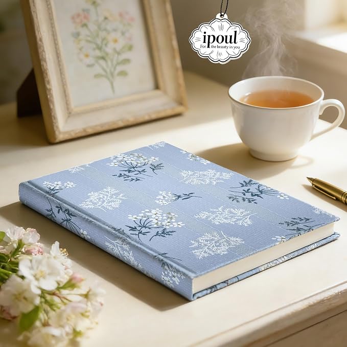 Floral Hardcover Journal for Writing, Lined Notebook for women, A5, 200 Pages, 6x8 Medium Size Notebook, Floret Printed Fabric Linen Personal Journal, Lay Flat Notebook, Reading Journal, Blue.