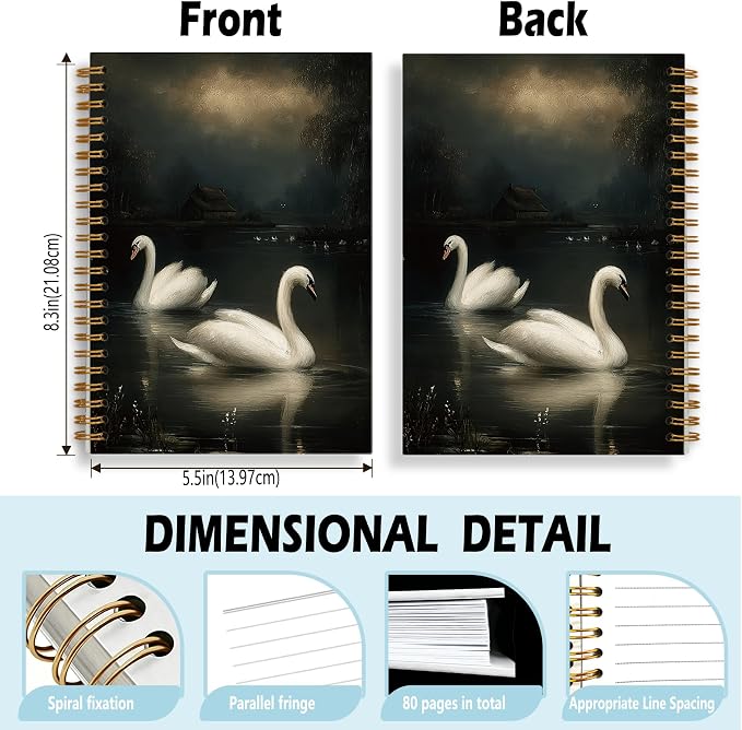 HOXUNQINA Dark Moody Swan Journal Notebook 5.5x8.3 | Swan Gifts for Women Journal, Dark Academia Gothic Moody White Swans Notebooks for Work