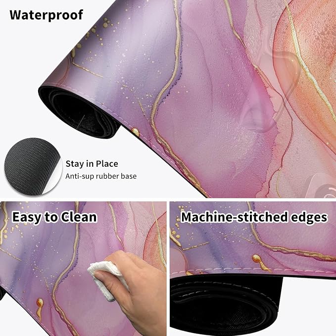 Heated Desk Pad Mouse Pad,Heated Desk Mat,with 3 Heating Levels & 3 Hours Auto Shut-Off,Leather 23.6"*14.2" Gaming Mouse Laptop Mat,Foot Warmer,Pink Golden Marble