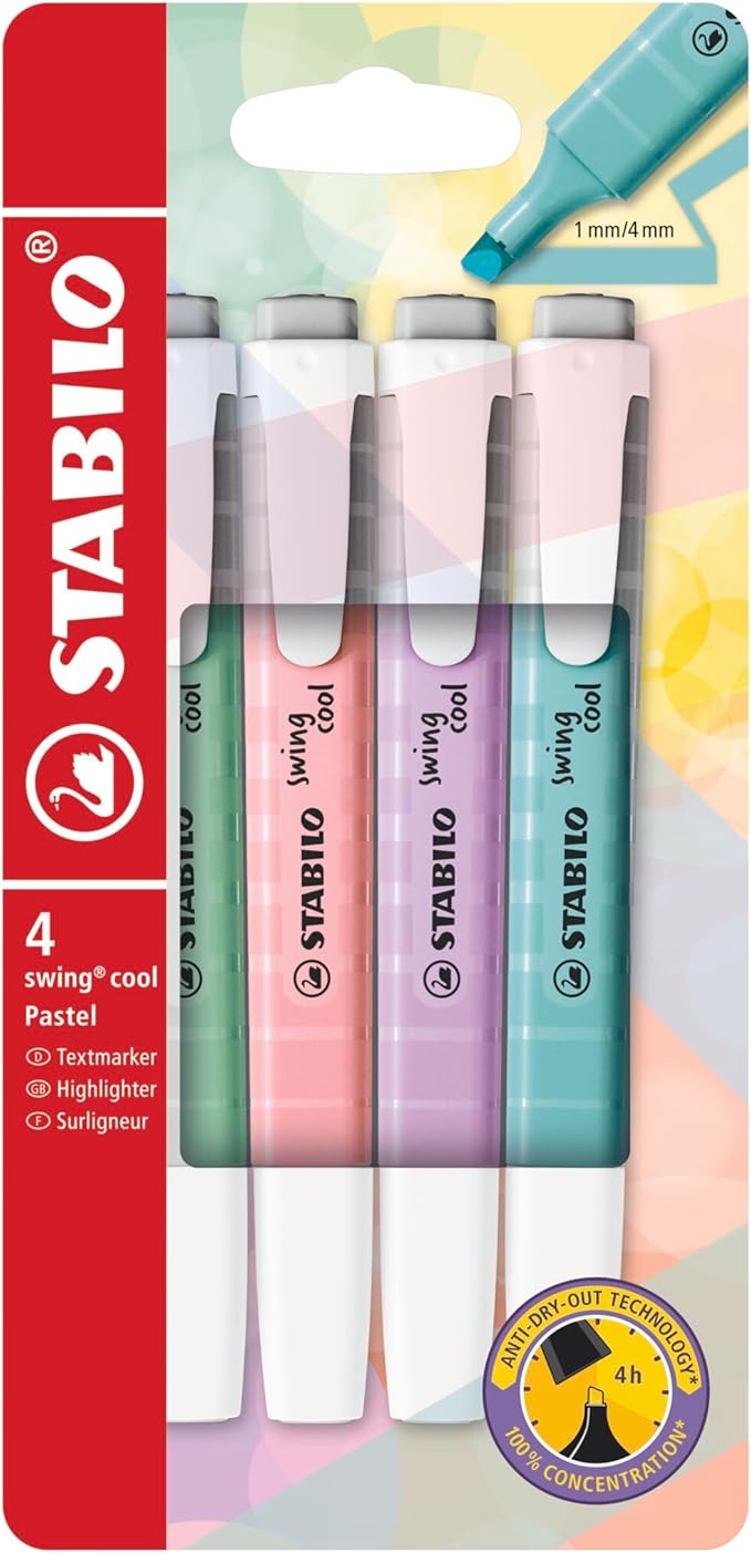 STABILO - swing cool Pastel - Highlighter - Pack of 4 - Hint of Mint, Pink Blush, Lilac Haze, Touch of Turquoise | Pack of 4 - Hint of Mint, Pink Blush, Lilac Haze, Touch of Turquoise