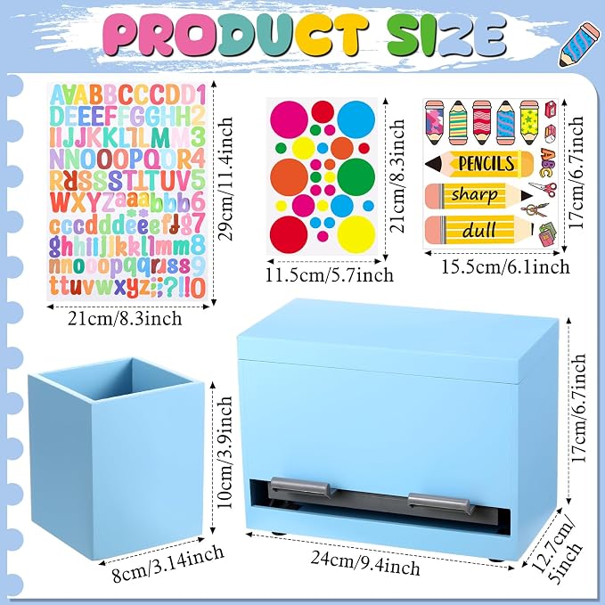 Mifoci 8 Pcs Wooden Pencil Dispenser Kit for Classroom Wooden Pen Holder Straw Dispenser Sharp and Dull Letter Stickers for Teachers Classroom Supplies Storage (Light Blue)