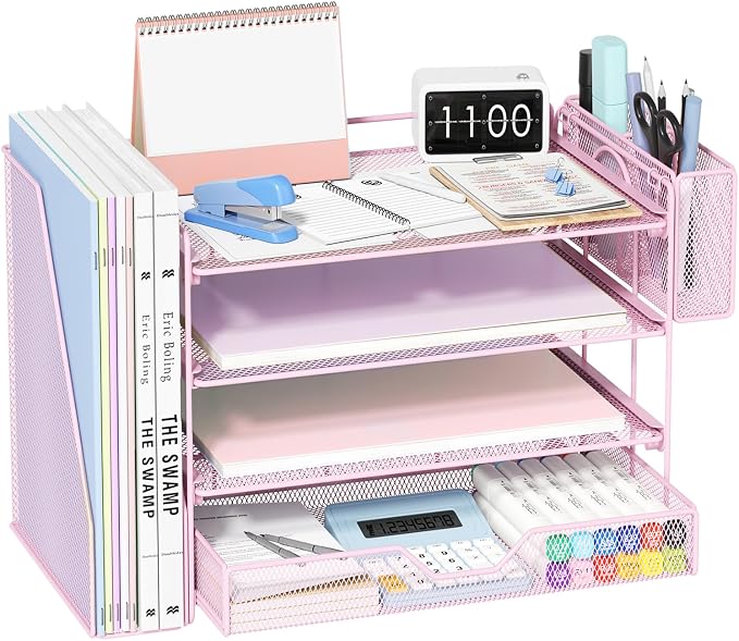 OPNICE Desk Organizer, 4-Tier Desktop File Organizer with Drawer and Pen Holders, Office Desk Accessories, File Sorters, Workspace Organizers for Office Supplies(Pink)