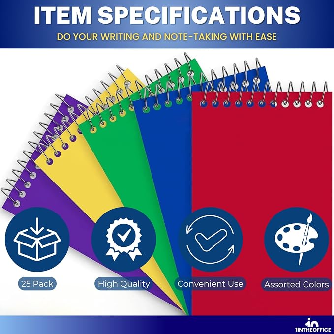 1InTheOffice Wirebound Spiral Memo Books, Memo Pads, 3" x 5", College Ruled, Small Notepad 3x5, Assorted, 75 Sheets/Pad, 25 Pads/Pack