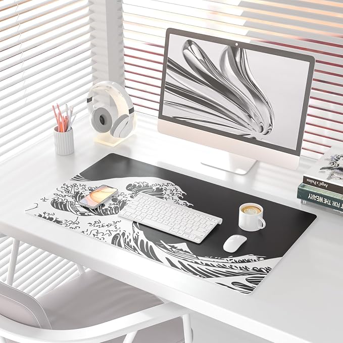 Colorful Star Japanese Sea Waves PU Leather Desk Pad, 31.5" x 15.7" | Waterproof Desk Mat Large Keyboard and Gaming Mouse Pads for Office, Non-Slip Writing Pad Desk Accessories for Women Men