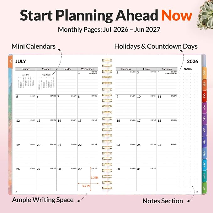 SUNEE Academic Planner 2026-2027 – Weekly & Monthly Planner, July 2026 to June 2027, 6.4"x8.3", Thick Paper, Tabs, Pockets, Bookmark, Spiral-Bound, Student Teacher Organizer, Marble