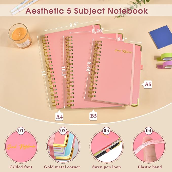 Hardcover Spiral Notebooks for Work, 5 Subject Notebook College Ruled with Dividers Tabs, Lined Organizer Notebook Journal for women, 8"x10" Large B5 Notebooks for School Note taking, 240 Pages Pink
