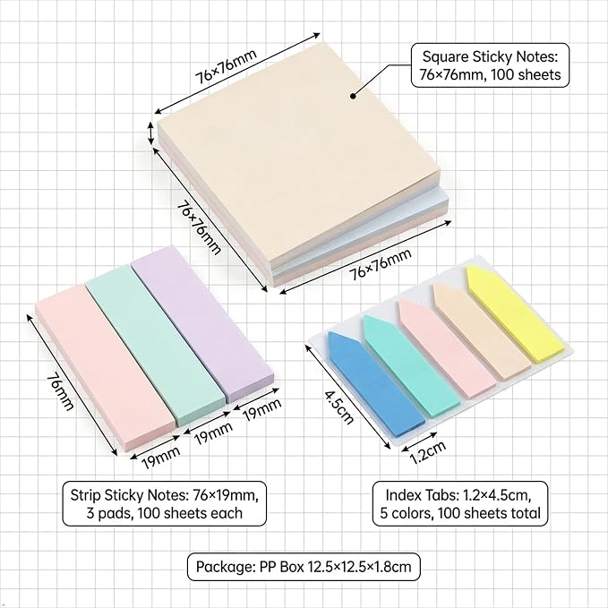 500Pcs Morandi Sticky Notes Set, 3"x3" Square Pad 100 Sheets, 3"x0.75" Strip Notes 300 Sheets, Index Tabs 100 Tabs, Cute Pastel Stationery for Desk Office School