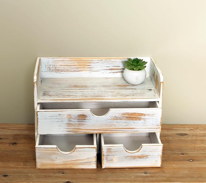 Vintage Rustic Brown Wooden 3 Drawer with Shelf Office Desk Organizer & Mail Rack For Desktop,Box for Office Home Toiletries Supplies Vanity, No Assembly Required (Rusitc White)