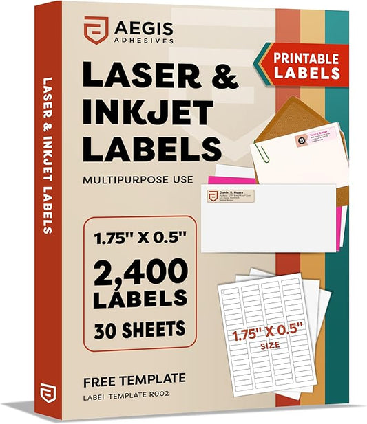Shipping Labels, Address Labels for Laser Inkjet Printers, 1.75x0.5 Inches | Printable Custom Labels, Mailing Labels for Envelopes, File Folder-Aegis Adhesives Template R002 (30 Sheets, 2400 Stickers)