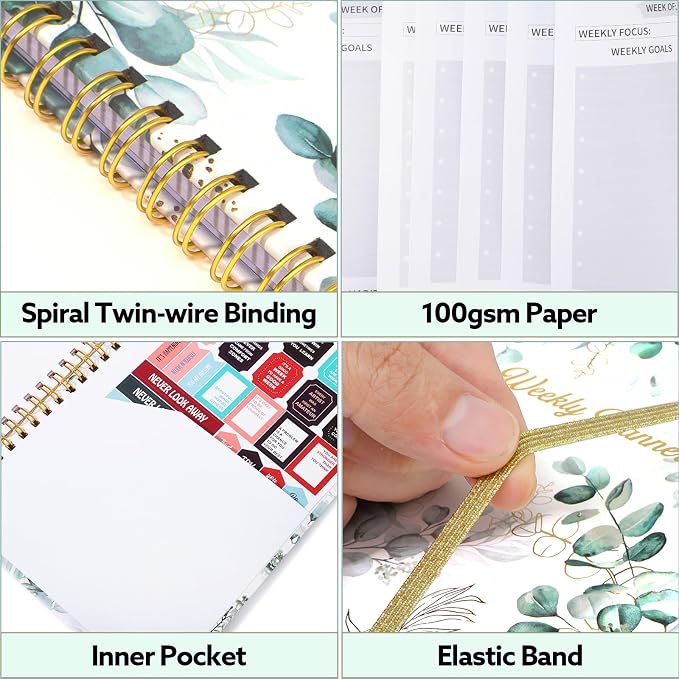 Thboxes A5 Weekly Planner, Undated Spiral To Do Notebook, Green Leaves | Spiral Binding, Stickers, Planners for Home, Work, Office, College, School Supplies for Girls, Kids, Students, Teachers Gifts
