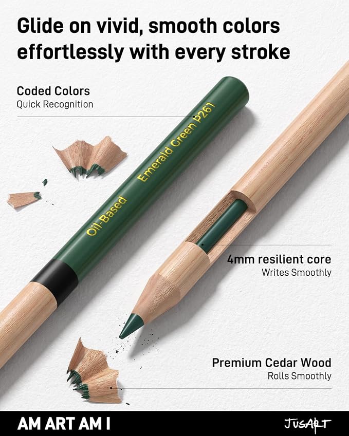 JusArt 24 Oil-Based Colored Pencils – Soft Core, Durable, Vibrant | Ultra-Smooth Oil Pastel Pencils for Adult Coloring, Portrait, Sketching, Landscape. Professional Drawing Pencils for Artists