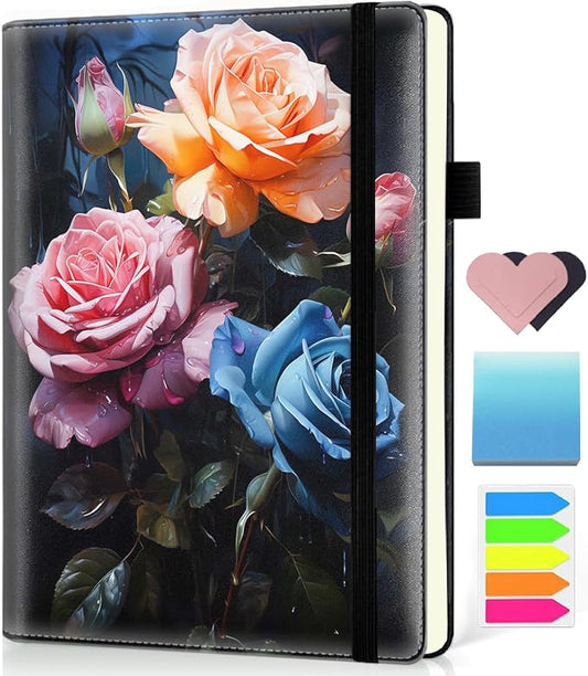 Hardcover Executive Notebooks, A5 PU Leather Lined Journal Notebook, 200 Pages Thick Paper Subject Notebooks for School,Work,Home Writing Business Notebook, Diary Book ， Colorful Flowers