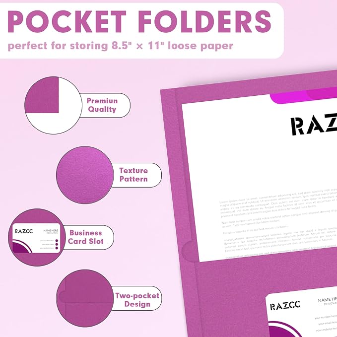 Two Pocket Folders, RAZCC 50 Pack 2 Pocket Folders Fit Letter Size Paper, Paper Folders with Pockets for School Office Business Home (Rose Purple)