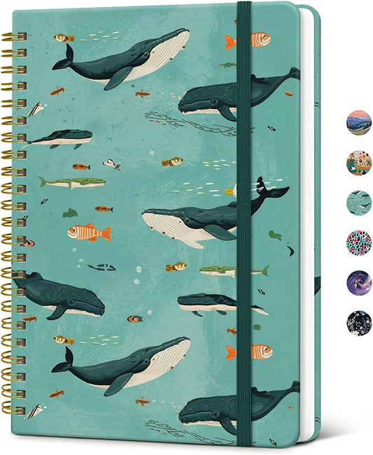 Taja Pretty Journal for Women, A5 Spiral Notebook, Hardcover College Ruled Journal, Notebook for Work, Journaling, Note Taking, 140 Pages, Depths Whale