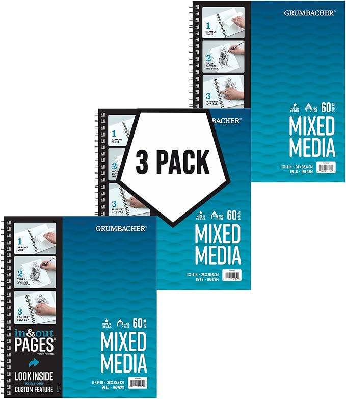 Grumbacher 11" x 14" Mixed Media Paper Pad with in & Out Pages, 160 GSM, Side Wire Bound, 60 White Sheets/Pad, 3-Pack