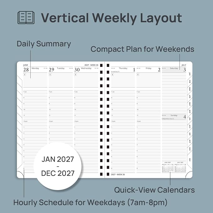 POPRUN 2027 Planner, 6.5'' x 8.5'', Weekly and Monthly Daily Calendar Book | 2027 Agenda(Jan - Dec) Appointment Book with Hourly Time Slots, Monthly Tabs, 100GSM, Spiral Leather Cover - Brown