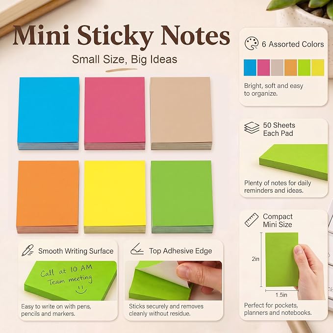 Fainne 120 Pads Sticky Notes Bulk 1.5 x 2 Inch Mini Self Stick Note Small Assorted Bright Colors Paper Memo for Office School Notebook Supplies 50 Sheets/pad (Simple Style,Bright Color)