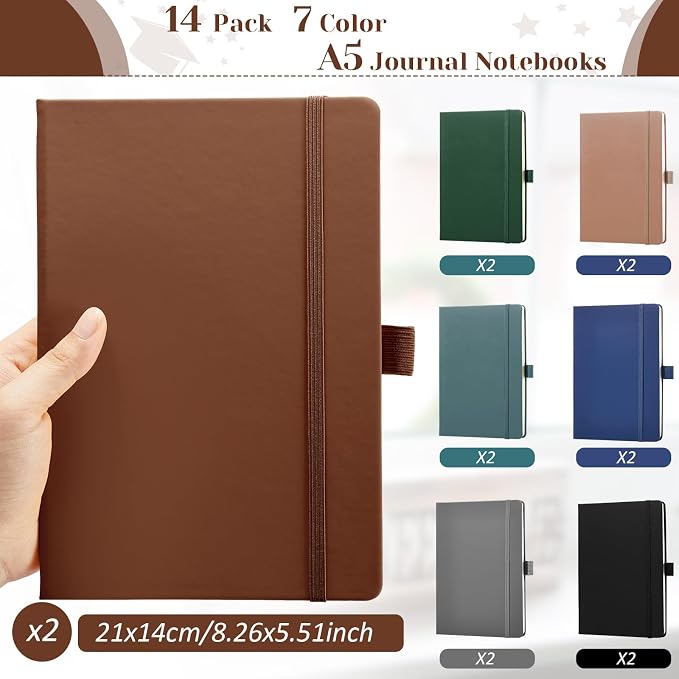 Laumoi 14 Pack Hardcover Journal Notebooks Bulk Journaling Notebook Wide Ruled PU Leather Ruled Lined Journals with Pen Holder for School Business Work Writing (Deep Color,A5)