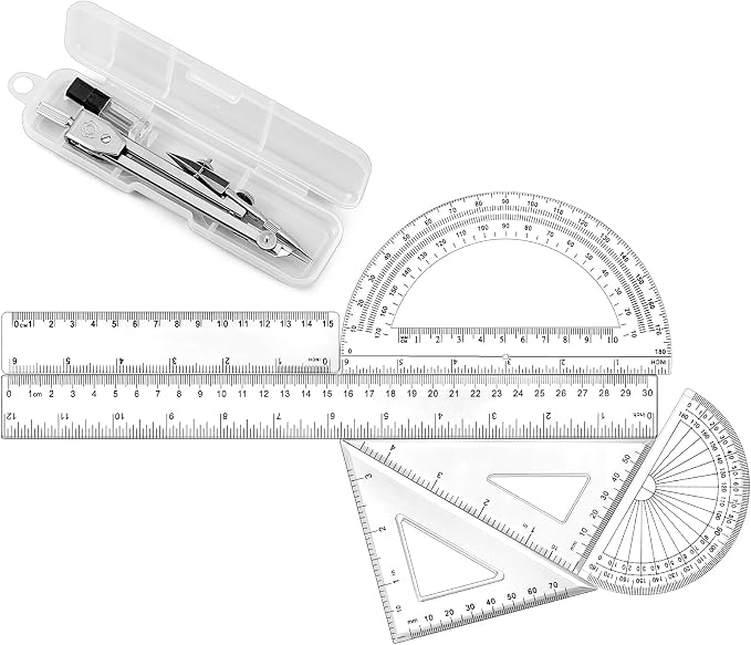 Zonon 7‑Piece Geometry Set with Drawing Compass, 6 & 4 Inch Protractors, Triangle Rulers and Straight Rulers, Transparent Math Drafting Supplies for Back to School, Students and Office Use(Clear)