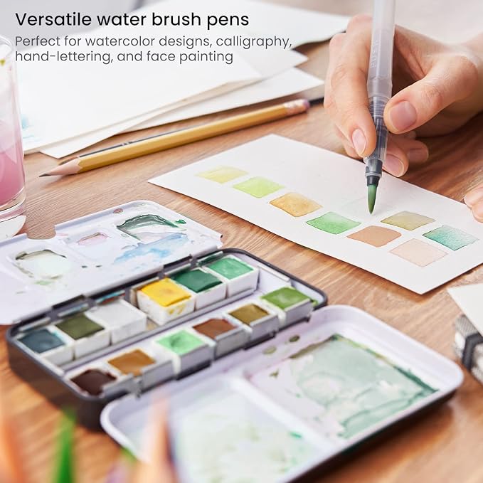 ARTEZA Water Brush Pens, Set of 6, Refillable Self-Moistening Watercolor Brush Pens with Round and Flat Nylon Tips for Painting, Calligraphy, Lettering and Travel