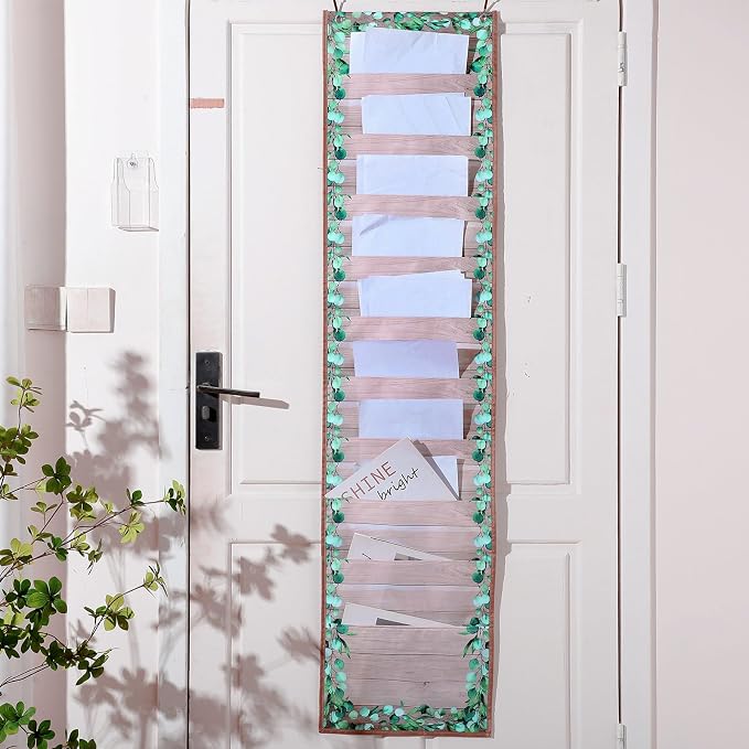 MotiMind Green Leaves 10 Pockets Wall Hanging File Folders File Storage Pocket Chart for Classroom Hanging Wall Organizer with 2 over The Door Hangers, 58" x 14" for School Classroom Office Home