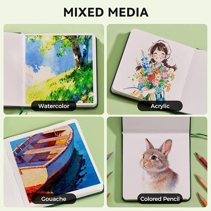 Watercolor Journal - 100% Cotton Hot Press Paper | 20 Sheets 40 Pages | 300GSM (140lb) | Linen Cotton Cover Watercolor Sketch Books for Artists Painting,Mixed Media 4.72 x 4.72 in