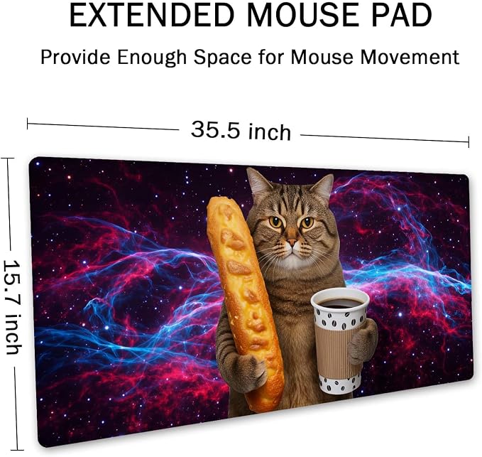 SSOIU Extended Mouse Pad, XXL Gaming Mouse Pads, Large Big Mousepad Laptop Computer Keyboard Mat Desk Pad with Non-Slip Base Stitched Edge for Gaming Office, 35.5 x 15.7 inch, Funny Cat