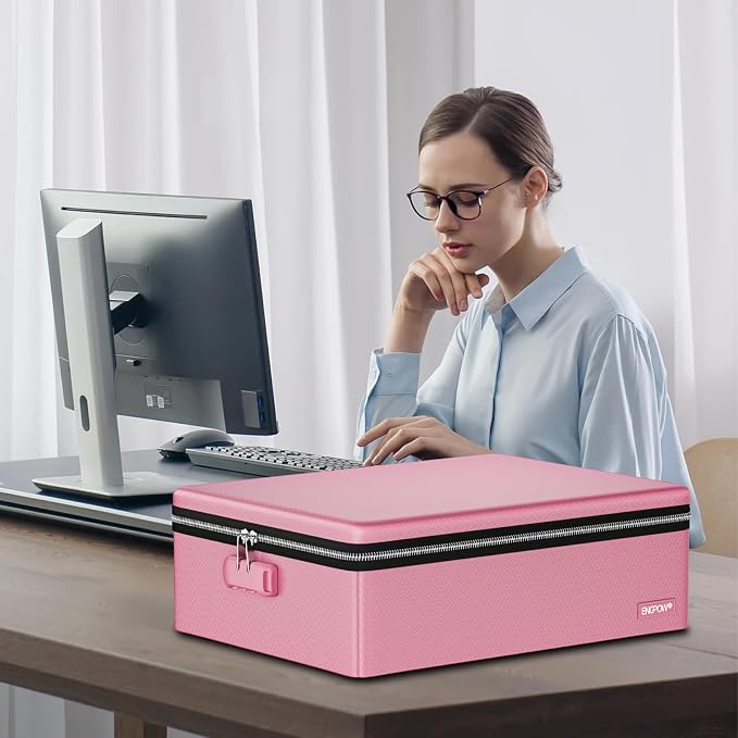 ENGPOW Fireproof Document Box with Lock & Heat-Resistant Fireproof Zipper | 6400°F 12-Layer Fire Protection, Hard File Organizer with Pockets, Portable Home Chest Safe Storage for Money,Jewelry, Pink