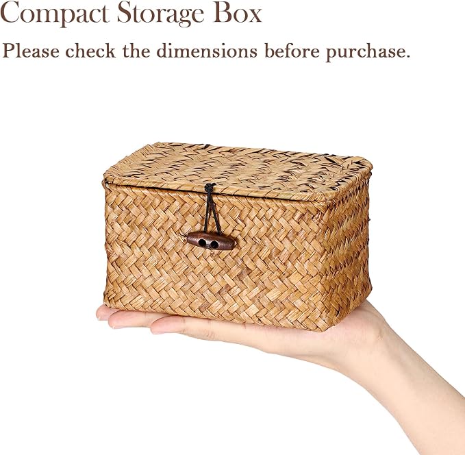 Small Decorative Box Natural Seagrass Box with Lid Small Basket for Organizing Keys Wicker Shelf Baskets for Bathroom Living Room,6.1"L x 4"W x 3.3"H