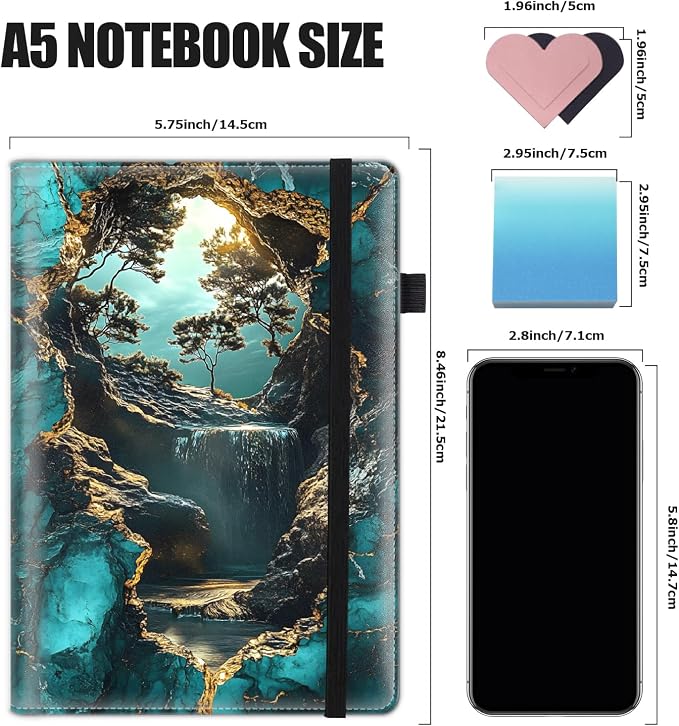 Hardcover Executive Notebooks, A5 PU Leather Lined Journal Notebook, 200 Pages Thick Paper Subject Notebooks for School,Work,Home Writing Business Notebook, Diary Book ，Golden Bonsai Falls Art