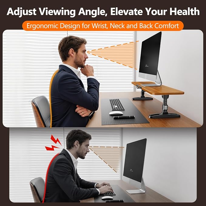 Ergonomic Wooden Monitor Stand Riser with Height Adjustable Button | One Touch Height Adjustable, Hidden Phone/Tablet Holder, Keyboard Storage Organizer, for Home Office Desktop