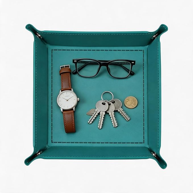 Valet Tray Desktop Storage Organizer – Vegan Leather Catchall Tray Bedside Vanity Tray Nightstand Caddy Holder for Remote Controller, Watch, Keys, Phone, Wallet, Coin, Jewelry, Turquoise
