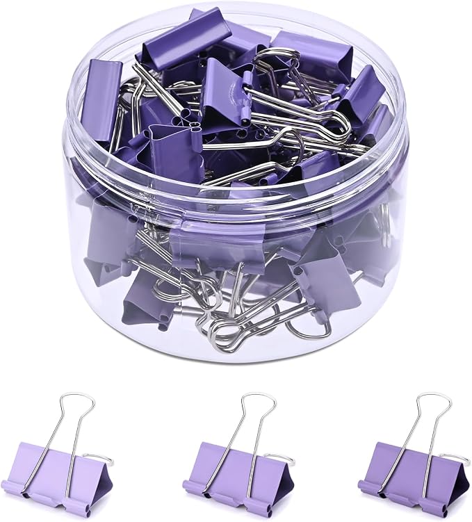Temiary Aesthetic Binder Clips, Small Metal Binder Clip with Clear Storage Container, Binding Paperwork Clamps for School Teachers Office Supplies (Purple 0.98 Inch, 48P)