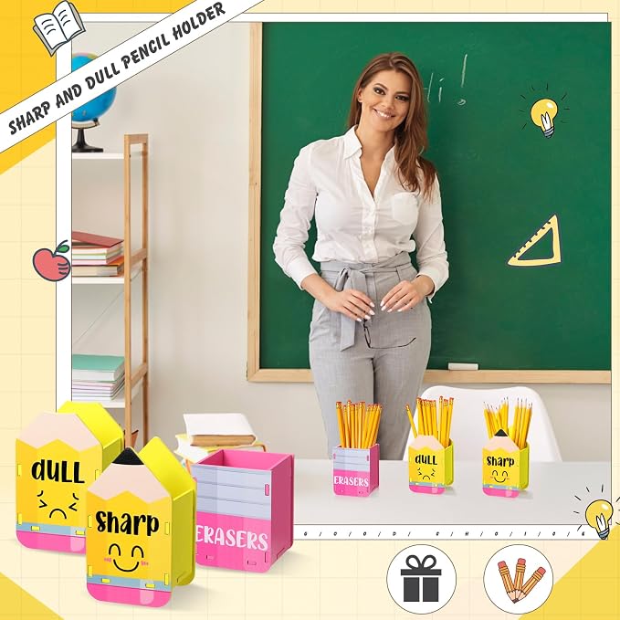 DoubleFill 3 Pcs Sharp and Dull Pencil Holder Eraser Buckets Wooden Shaped Dispenser for Back to School Teachers Classroom Management(Yellow Face)
