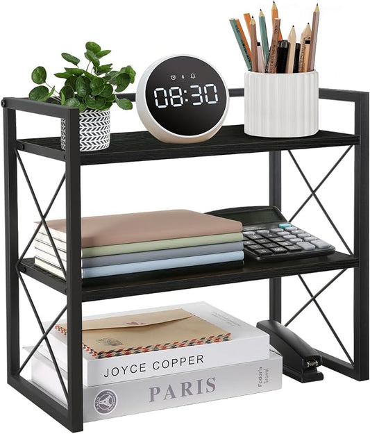 YINMIT Desktop Shelf Organizer, 2 Tier Office Shelves, Wood Desk Organizer Storage Rack and Freestanding Display Shelf for Office, Dormitory, Home(Black)