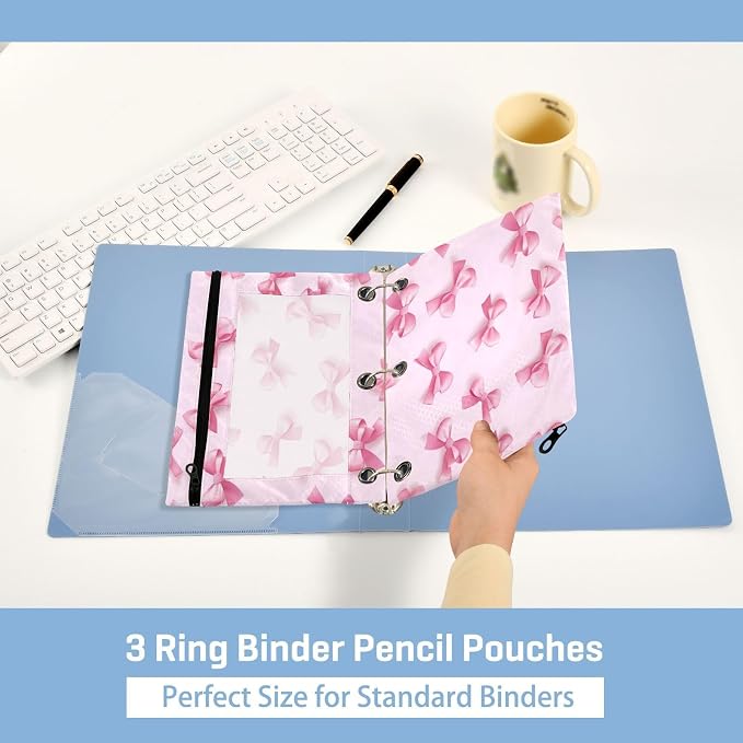 Pink Bows (1) Pencil Pouch Fits standard 3-ring binders, Zipper Binder Pencil Bag with Clear Window for Office 2 Pack