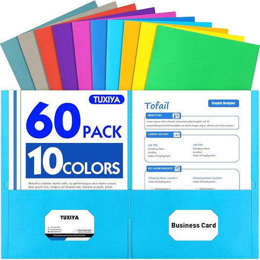 TUXIYA Folders with Pockets, 2 Pocket Folders 60 Pack, Assorted 10 Colors, Letter Size Thick Paper Pocket Folder for School Office Business Home