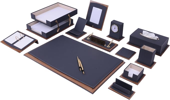 Star Lux Bonded Leather Executive Desk Set – Luxury Desk Organizer & Office Accessories, 14-Piece Set with Desk Mats, Double Document Tray, Clock & Gift-Ready Design