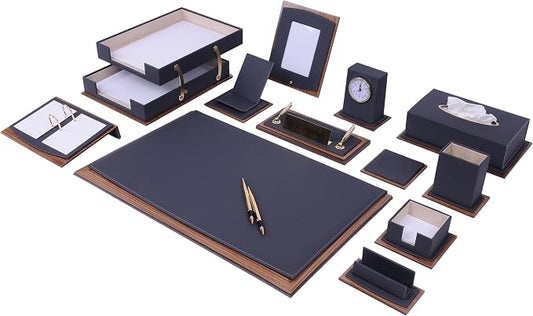 Star Lux Bonded Leather Executive Desk Set – Luxury Desk Organizer & Office Accessories, 14-Piece Set with Desk Mats, Double Document Tray, Clock & Gift-Ready Design