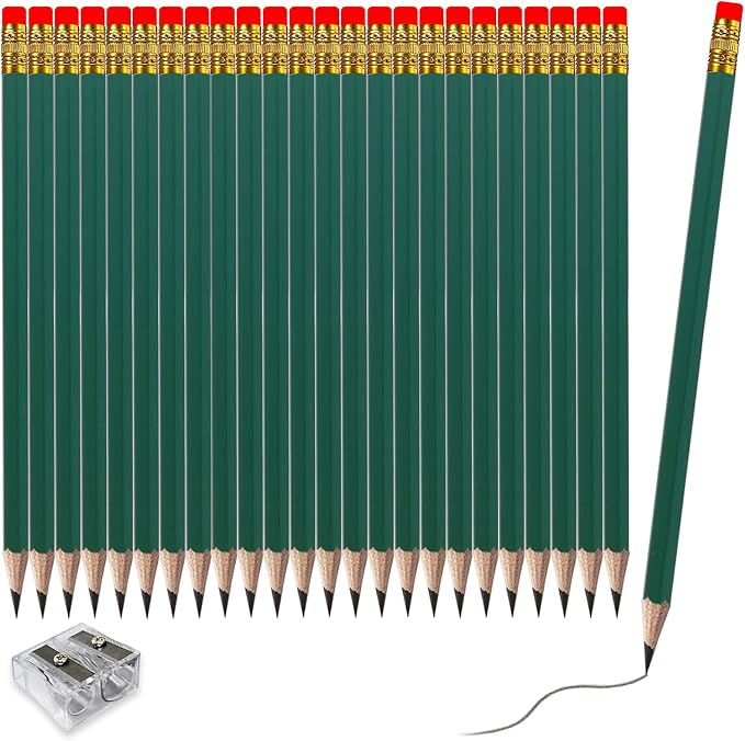 Adhere 25pcs Woodcase Pencils with Eraser Premium Pre-Sharpened Hexagon Graphite 2B pencils ideal for home, office writing including a Free Sharpener.(Dark Green)