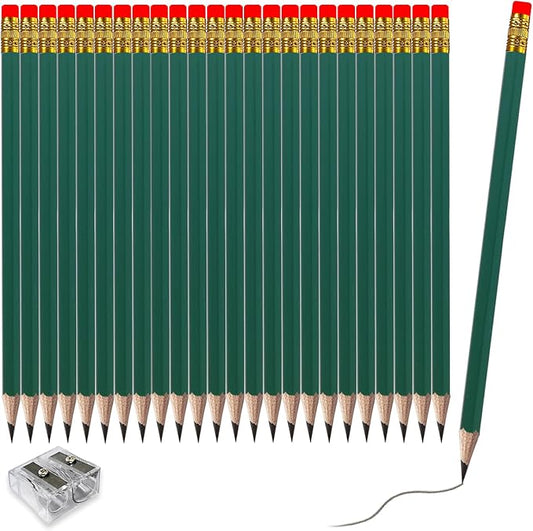 Adhere 25pcs Woodcase Pencils with Eraser Premium Pre-Sharpened Hexagon Graphite 2B pencils ideal for home, office writing including a Free Sharpener.(Dark Green)