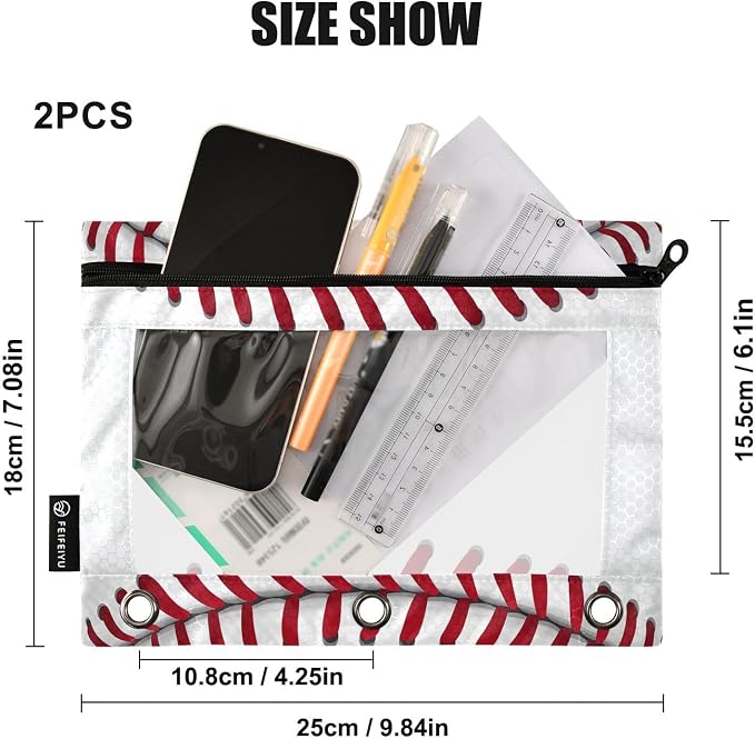 Gredecor 3 Ring Binder Pencil Pouch, Ball Softball Basebal Laces (1) Zippered Pen Case Pouches with Clear Window, 2 Pack Stylish Office & School Supplie