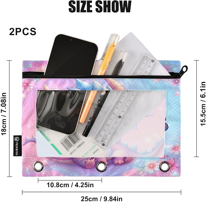 Gredecor 3 Ring Binder Pencil Pouch, Adorable Dragon Butterfly Zippered Pen Case Pouches with Clear Window, 2 Pack Stylish Office & School Supplie