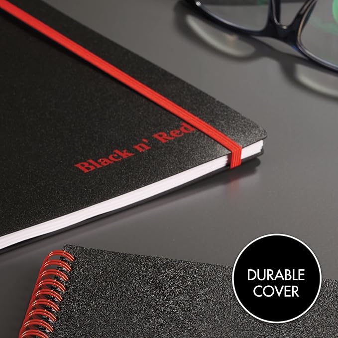 Black n' Red Notebooks, Business Journals, 3 Pack, 8-1/4" x 5-7/8", 70 Sheets, Ruled, Optik Paper, Scribzee App, Flexible Poly Cover, Wirebound, Black (400161061)