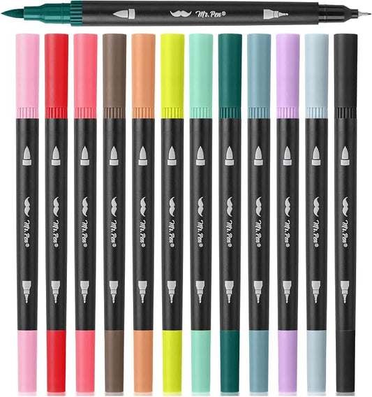 Mr. Pen- Dual Tip Brush Pens, 12 pcs, Muted Colors | Fine & Brush Tip Markers for Adult Coloring Markers for Adults