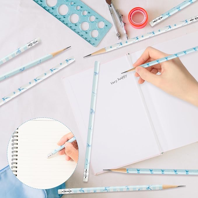 Xqumoi Coquette Blue Bow Pencils with Eraser - Preppy Bow #2 HB Pencils, Classroom Student Rewards, School Office Supply, Party Goodie Bag Fillers Stuffers, Baby Shower Party Favors