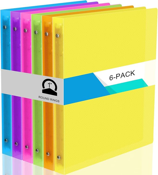 Fulmoon 6 Pack Plastic 3 Ring Binder Assorted Colors Economy Flexible Round Ring Presentation Binders with Pocket for Office School Meeting(1 Inch,Neon Colors)